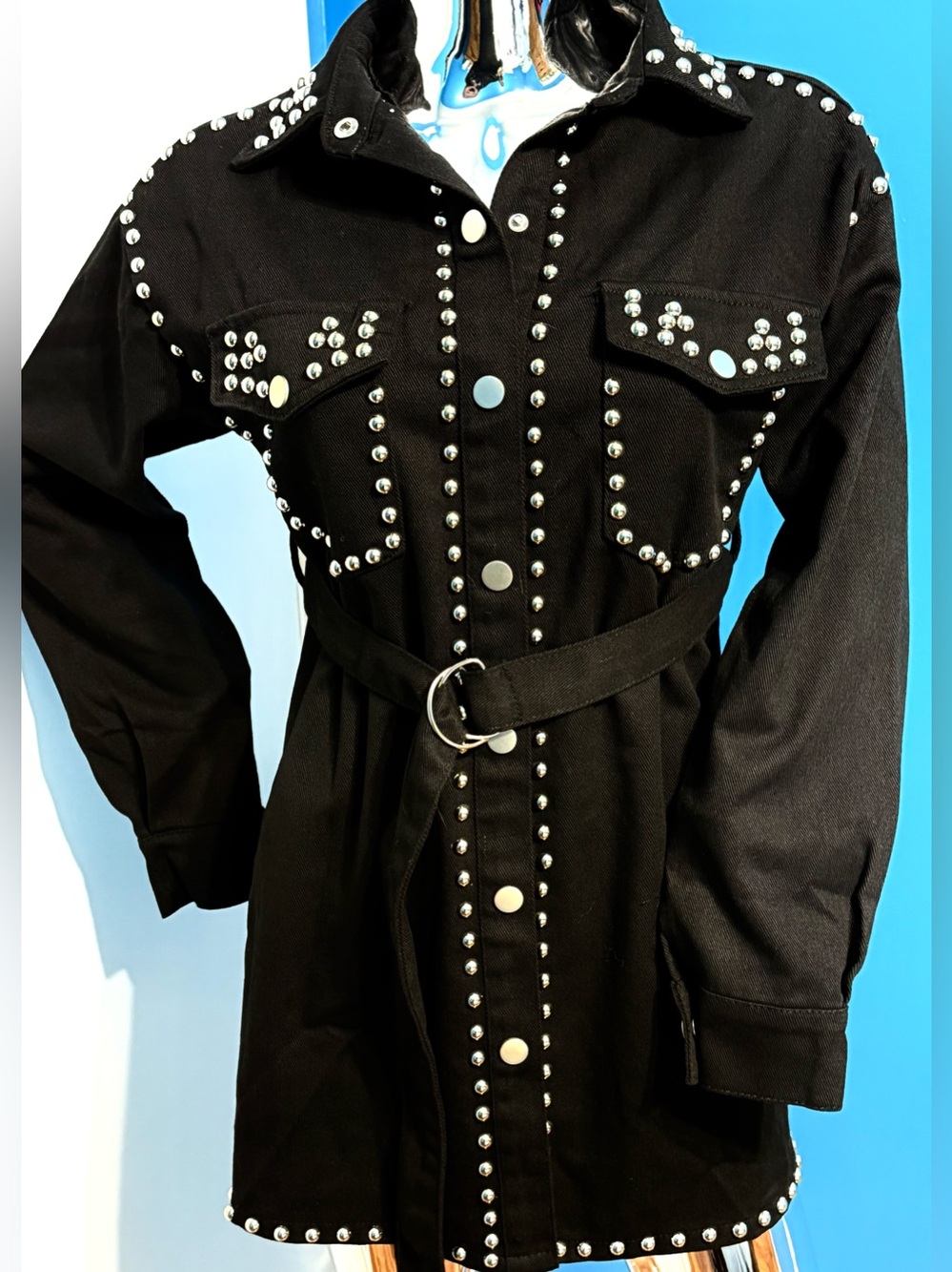 Women’s size Small Black Studded Belted Jean Jacket